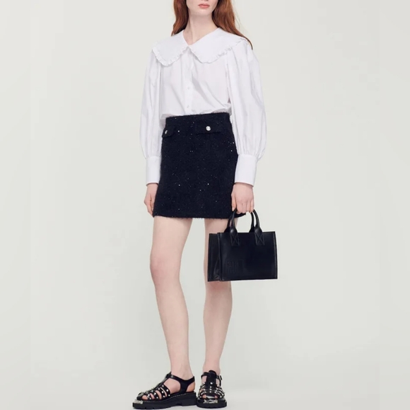 sandro Alda Ruffle Collar Button-Up Shirt in White - Picture 7 of 7